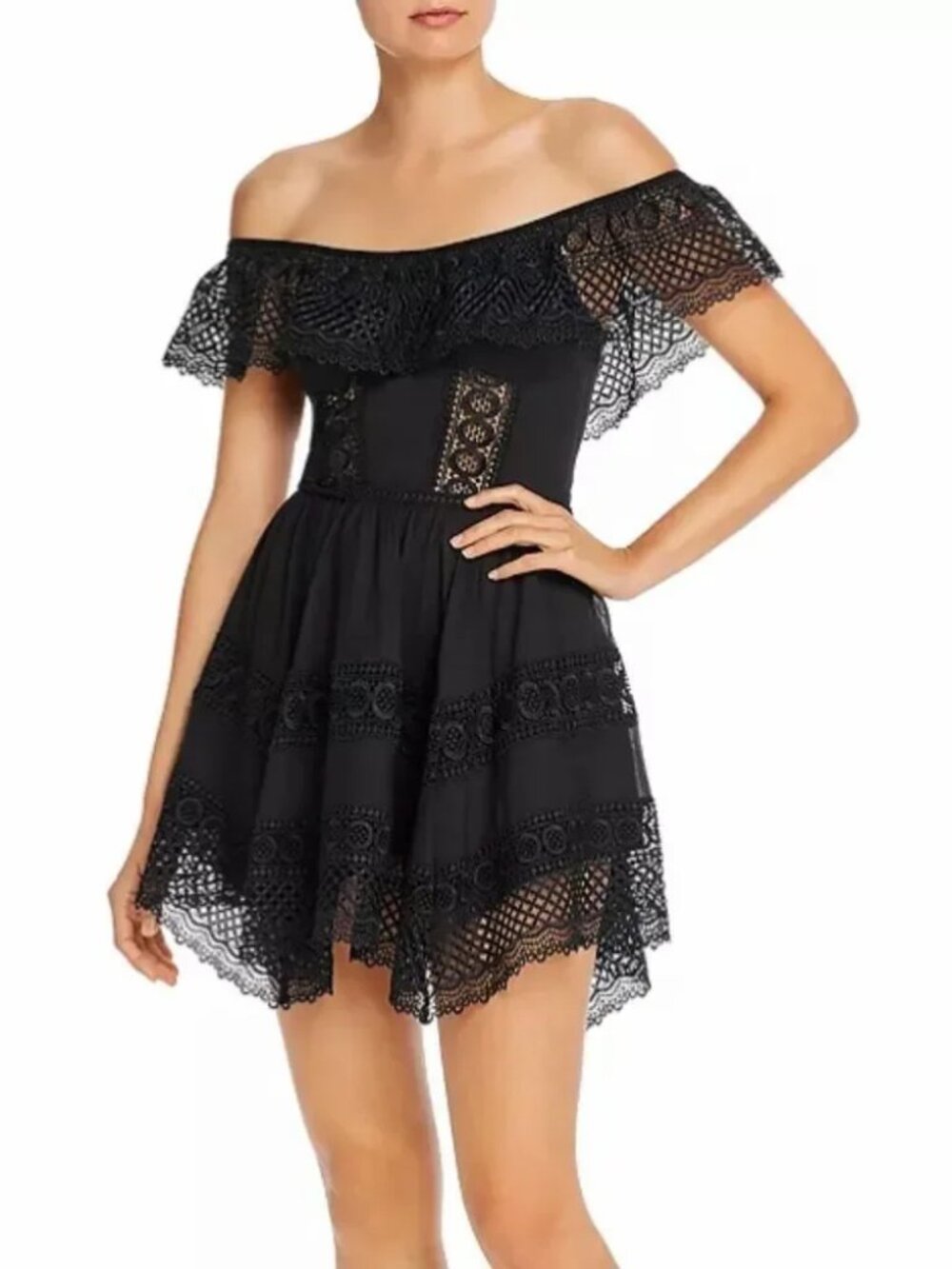 Charo Ruiz Black Crochet Lace Tiered Dress
